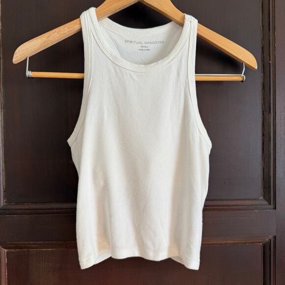 SPIRITUAL GANGSTER | White High Neck Racerback Cropped Bra Rib Tank | Small - Picture 2 of 7